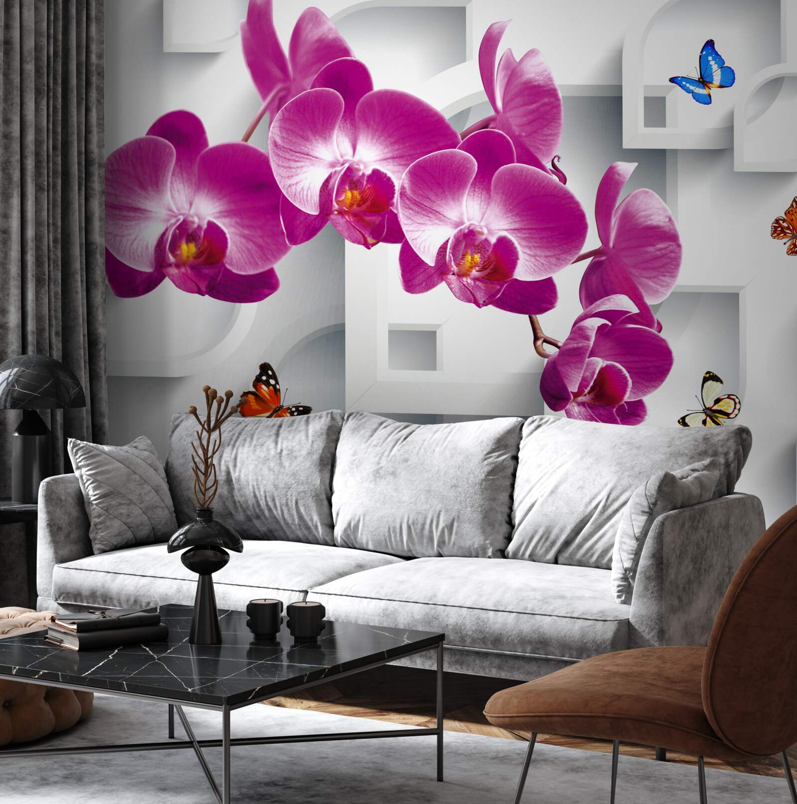 Papier peint orchidée lilas décorée de papillons