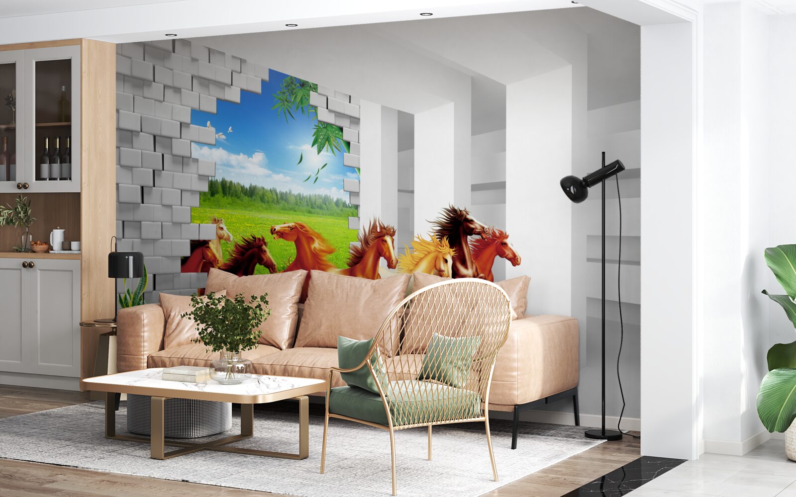 Papier peint des représentants de différentes races de chevaux se précipitent hors du pré