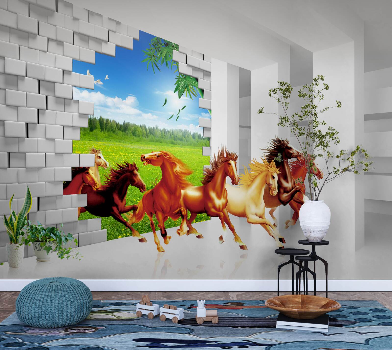 Papier peint des représentants de différentes races de chevaux se précipitent hors du pré