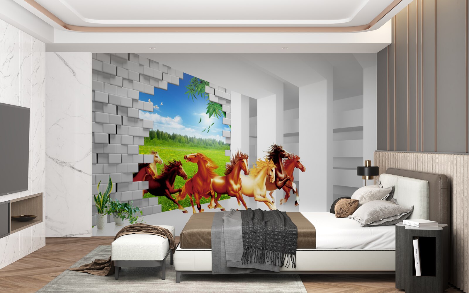 Papier peint des représentants de différentes races de chevaux se précipitent hors du pré