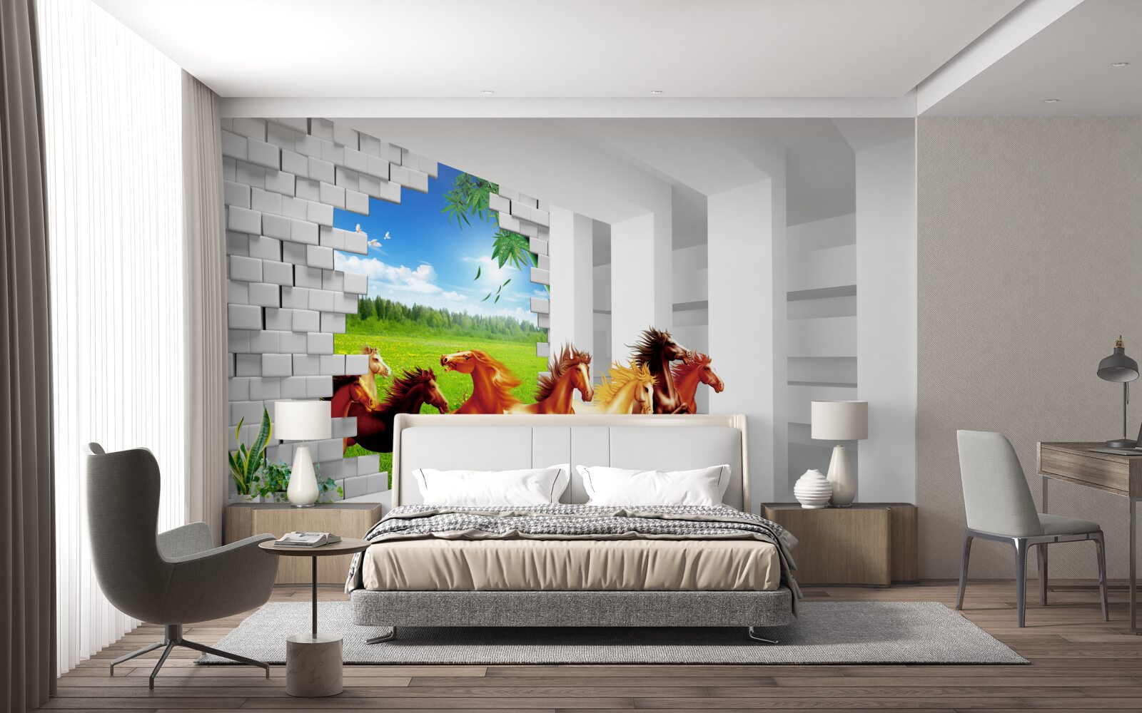 Papier peint des représentants de différentes races de chevaux se précipitent hors du pré