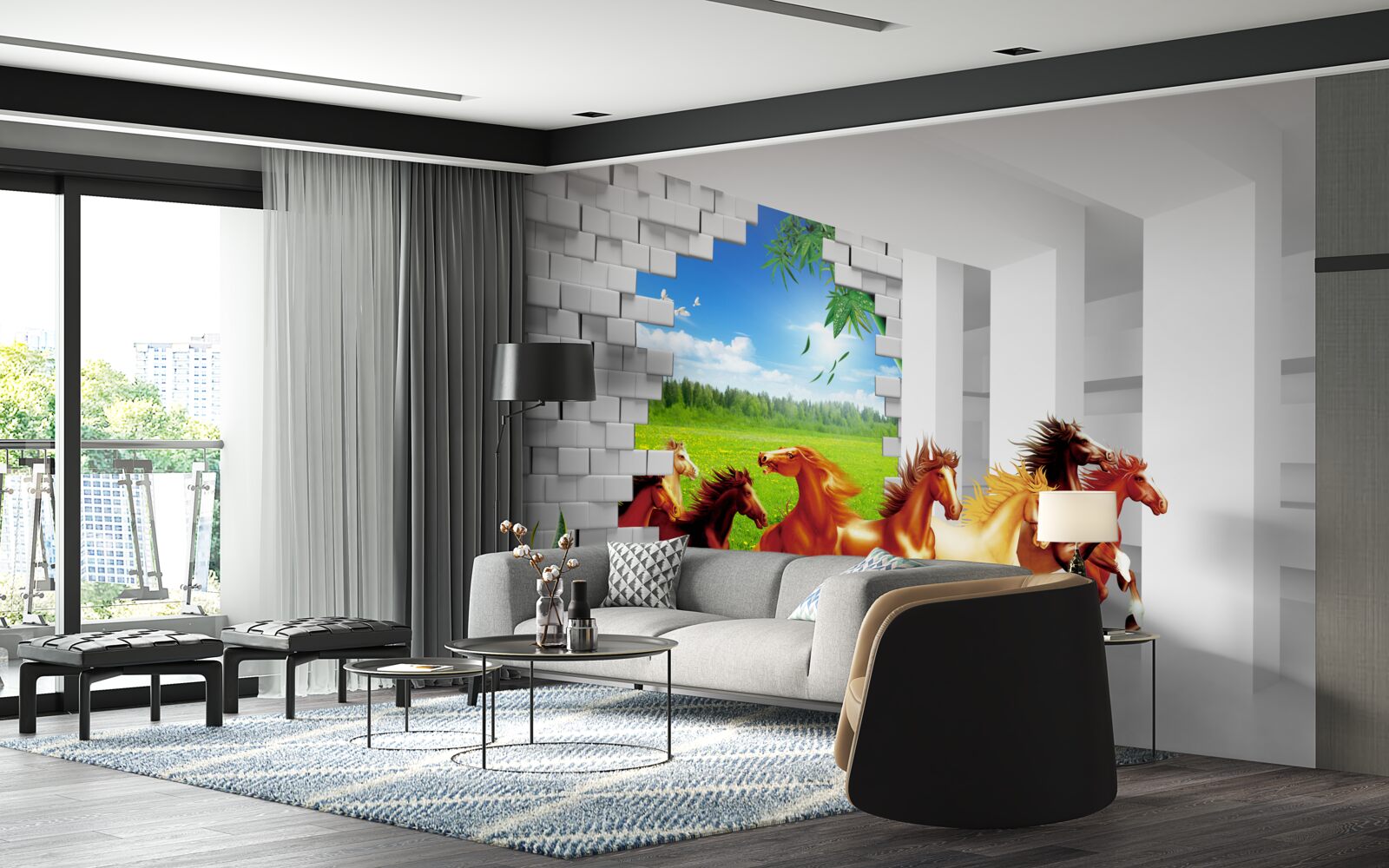 Papier peint des représentants de différentes races de chevaux se précipitent hors du pré