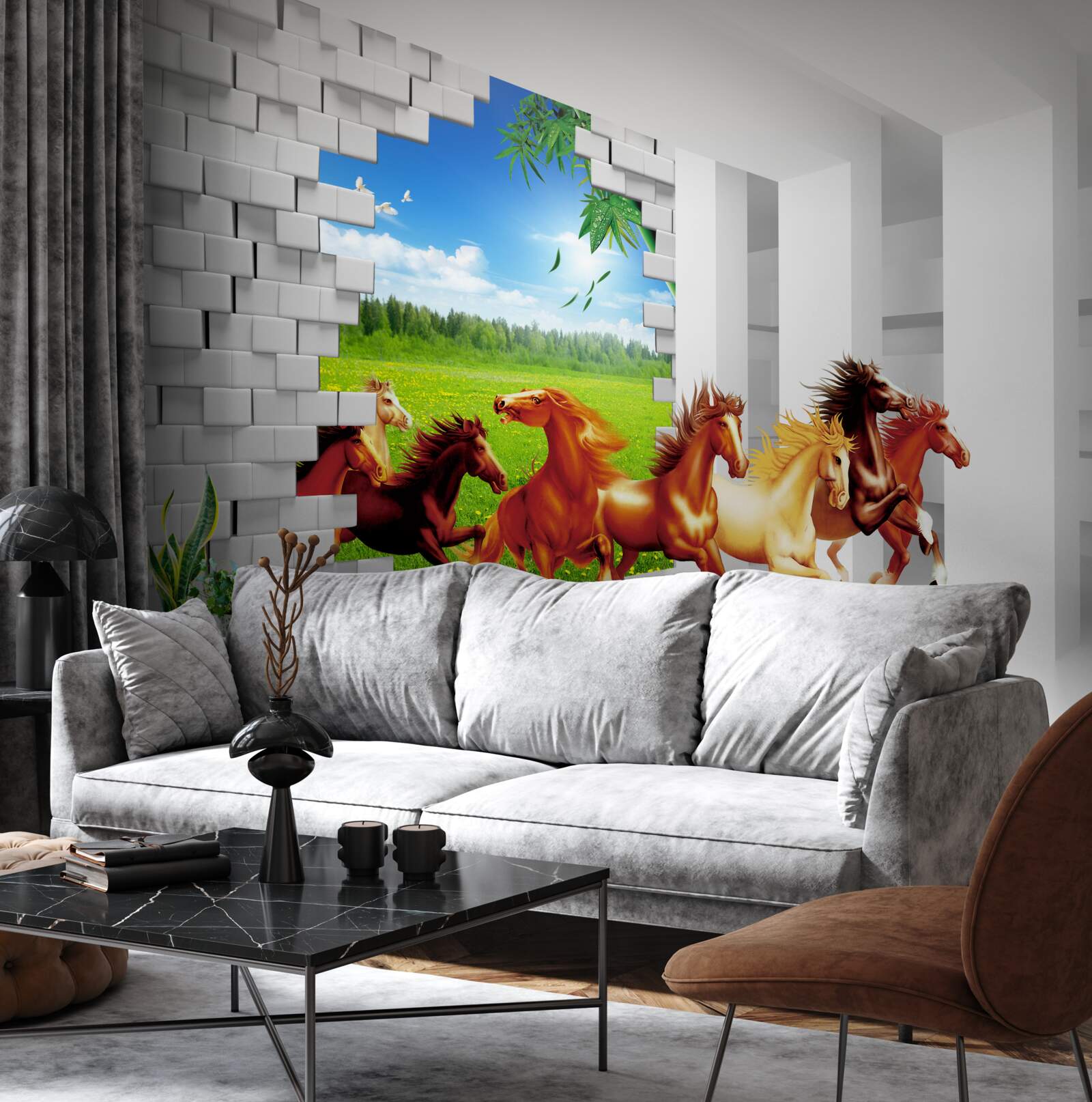 Papier peint des représentants de différentes races de chevaux se précipitent hors du pré