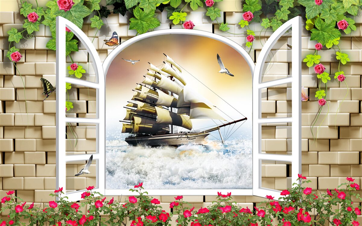 Papier peint fenêtre avec vue panoramique sur un voilier