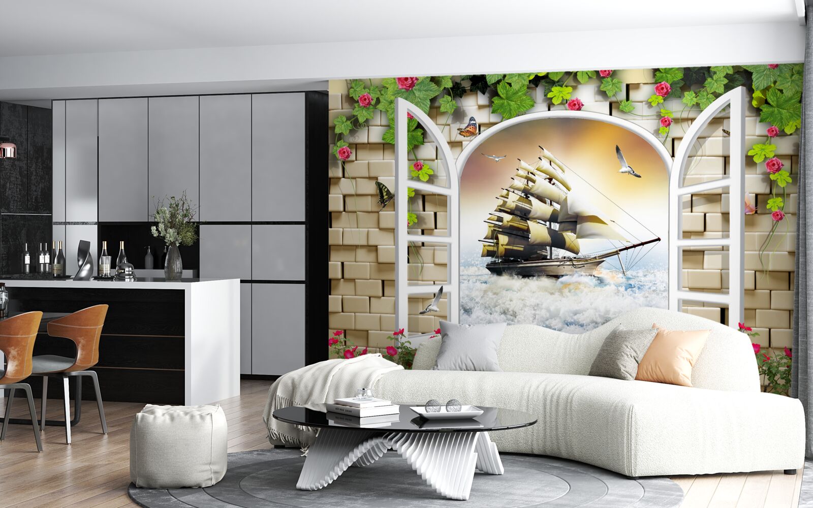 Papier peint fenêtre avec vue panoramique sur un voilier