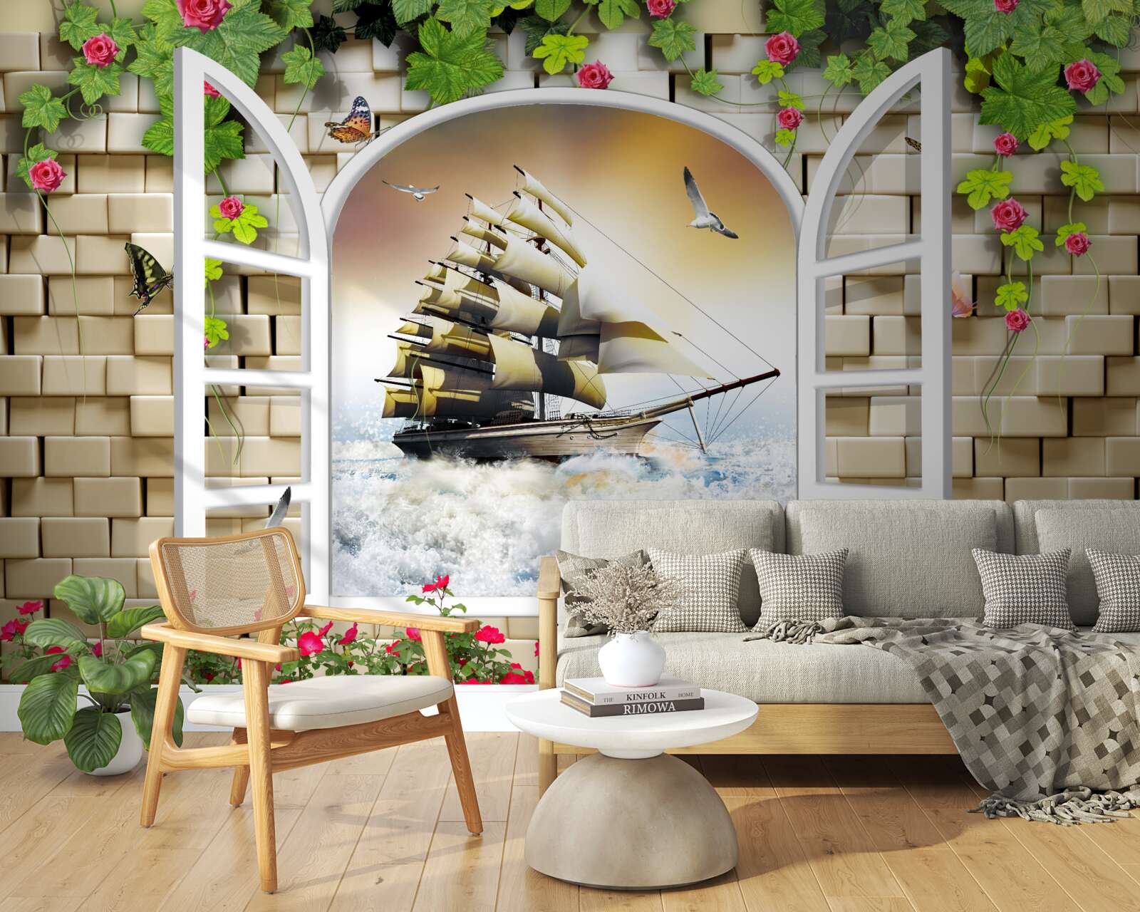 Papier peint fenêtre avec vue panoramique sur un voilier