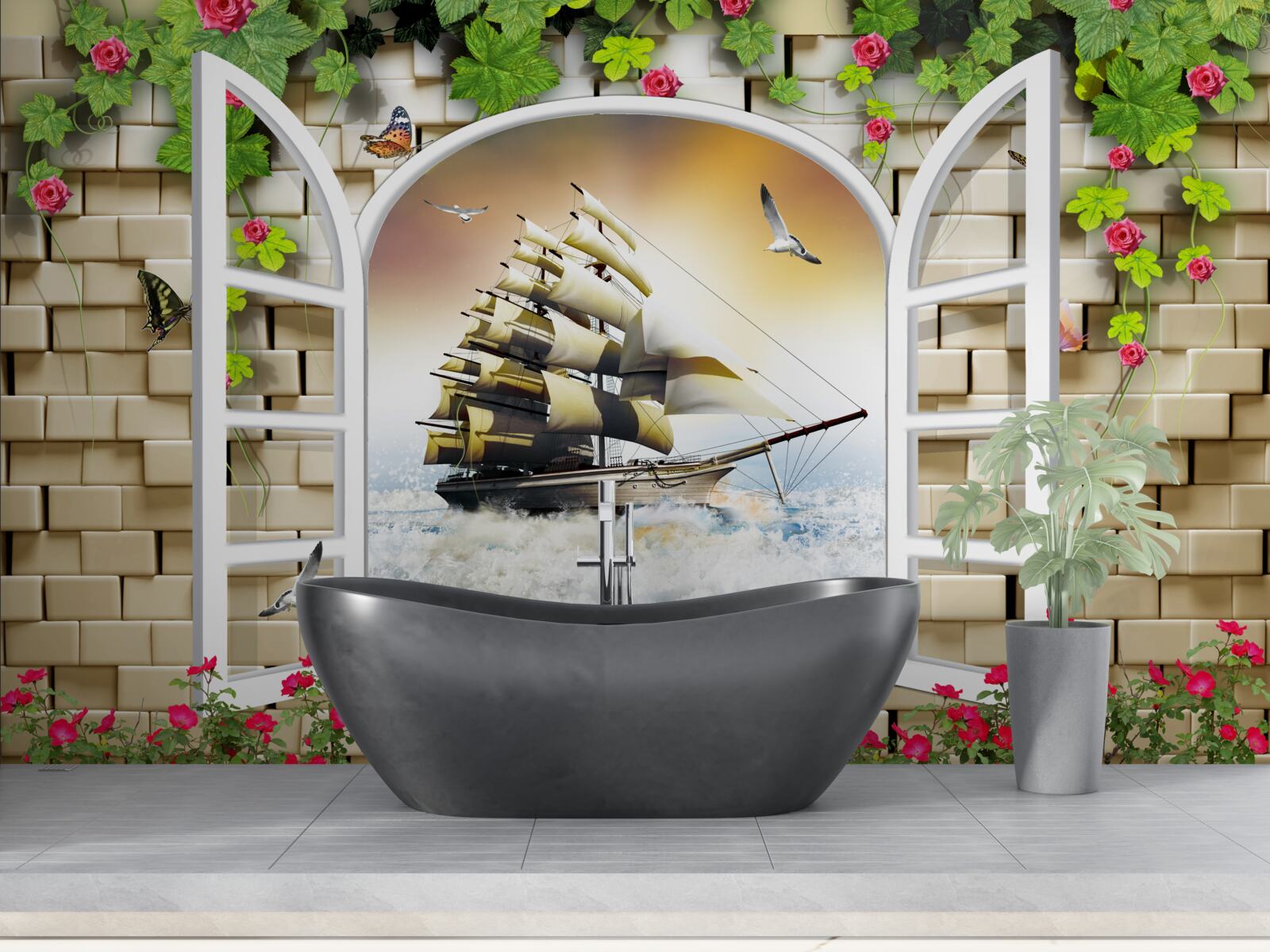 Papier peint fenêtre avec vue panoramique sur un voilier