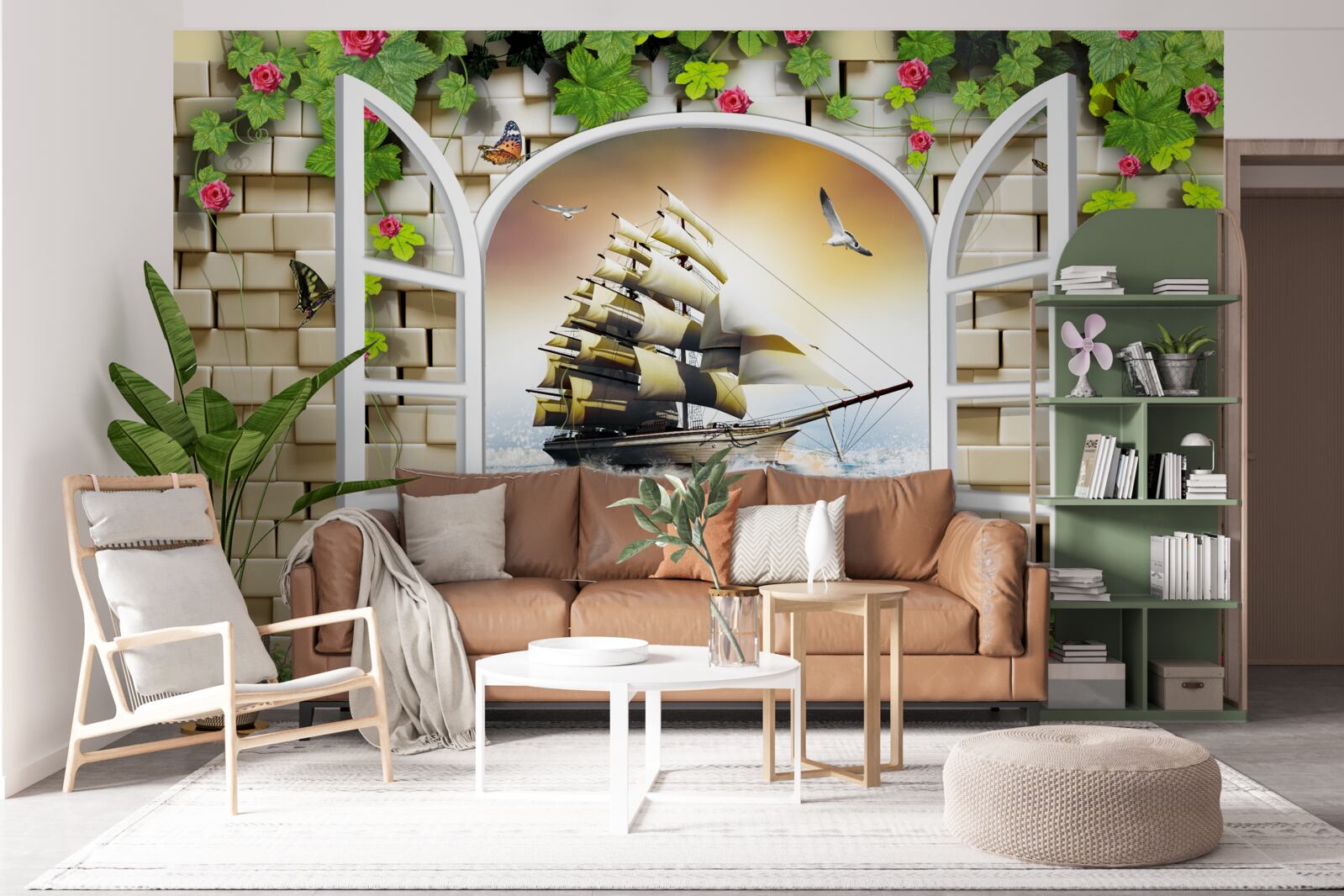 Papier peint fenêtre avec vue panoramique sur un voilier