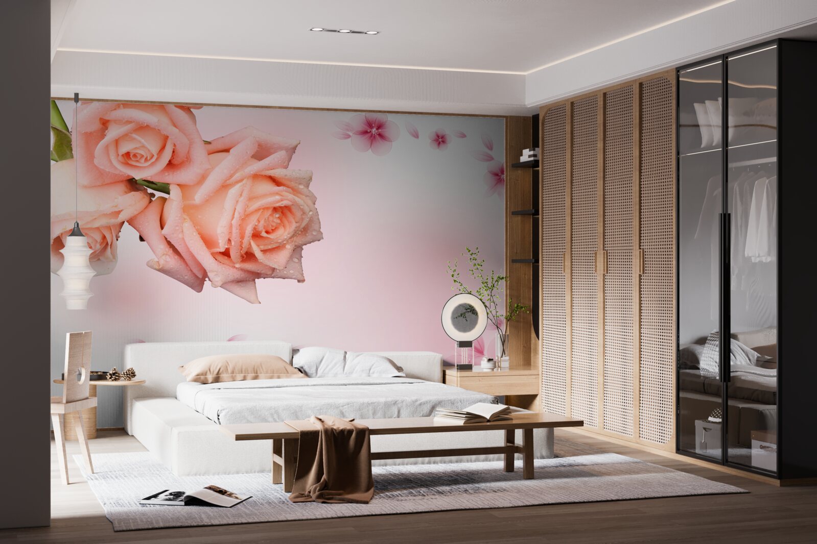 Papier peint fleurs roses sur fond de même couleur