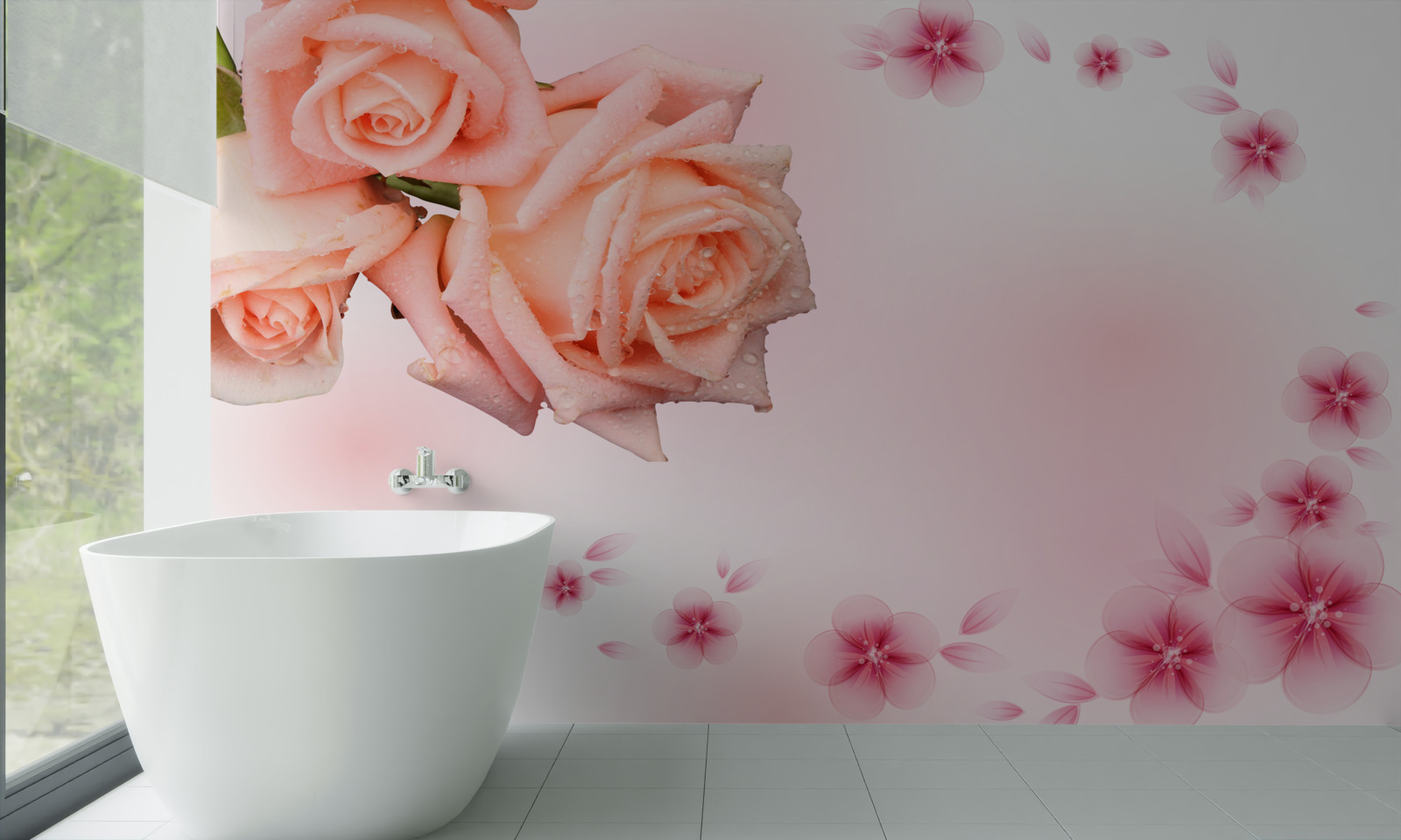 Papier peint fleurs roses sur fond de même couleur