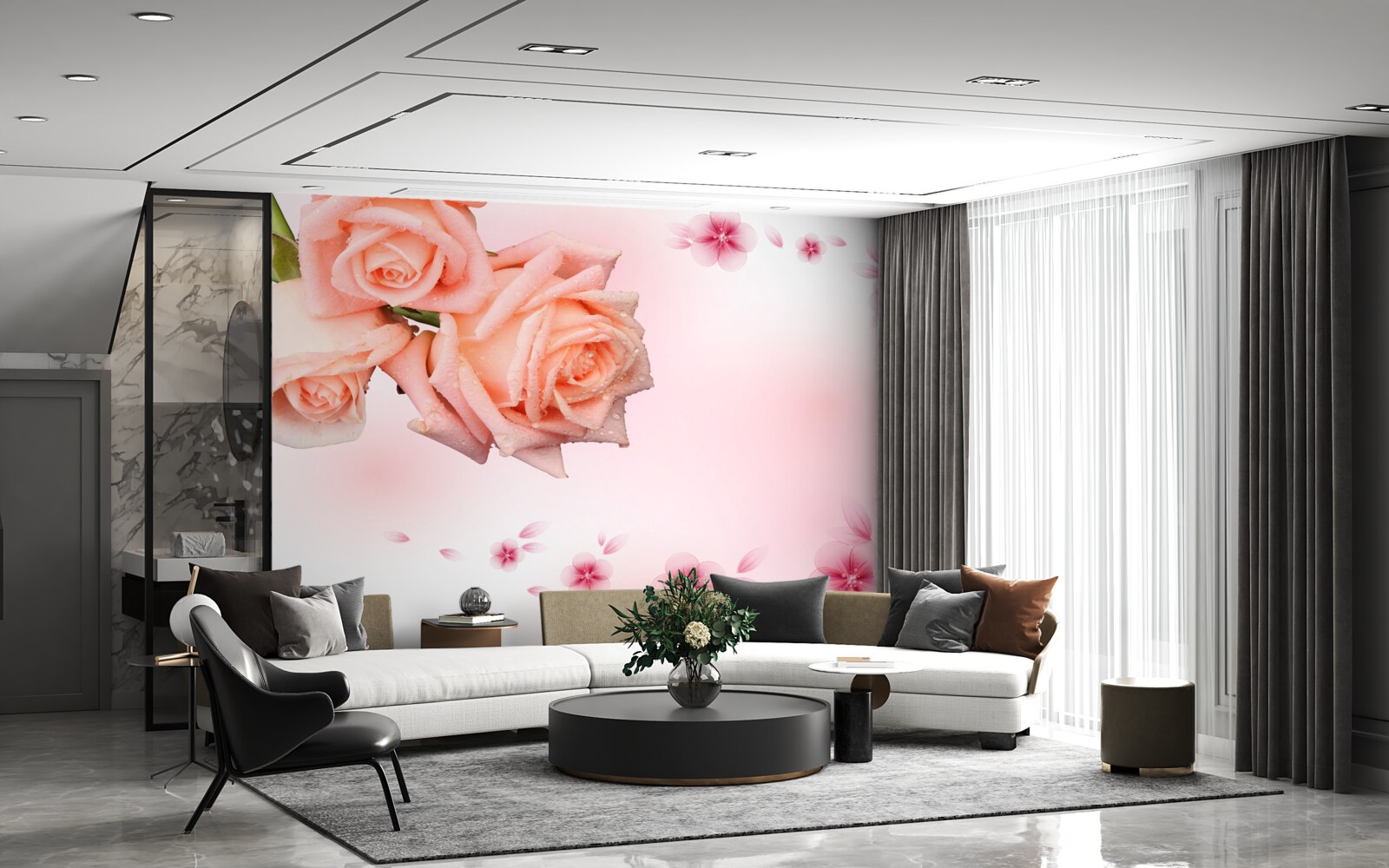 Papier peint fleurs roses sur fond de même couleur