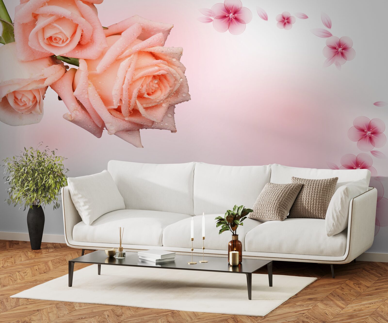 Papier peint fleurs roses sur fond de même couleur