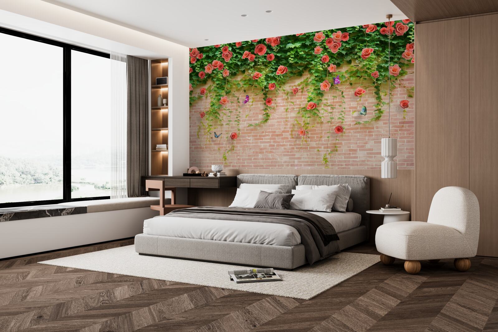 Papier peint fleurs pourpres sur un mur de briques