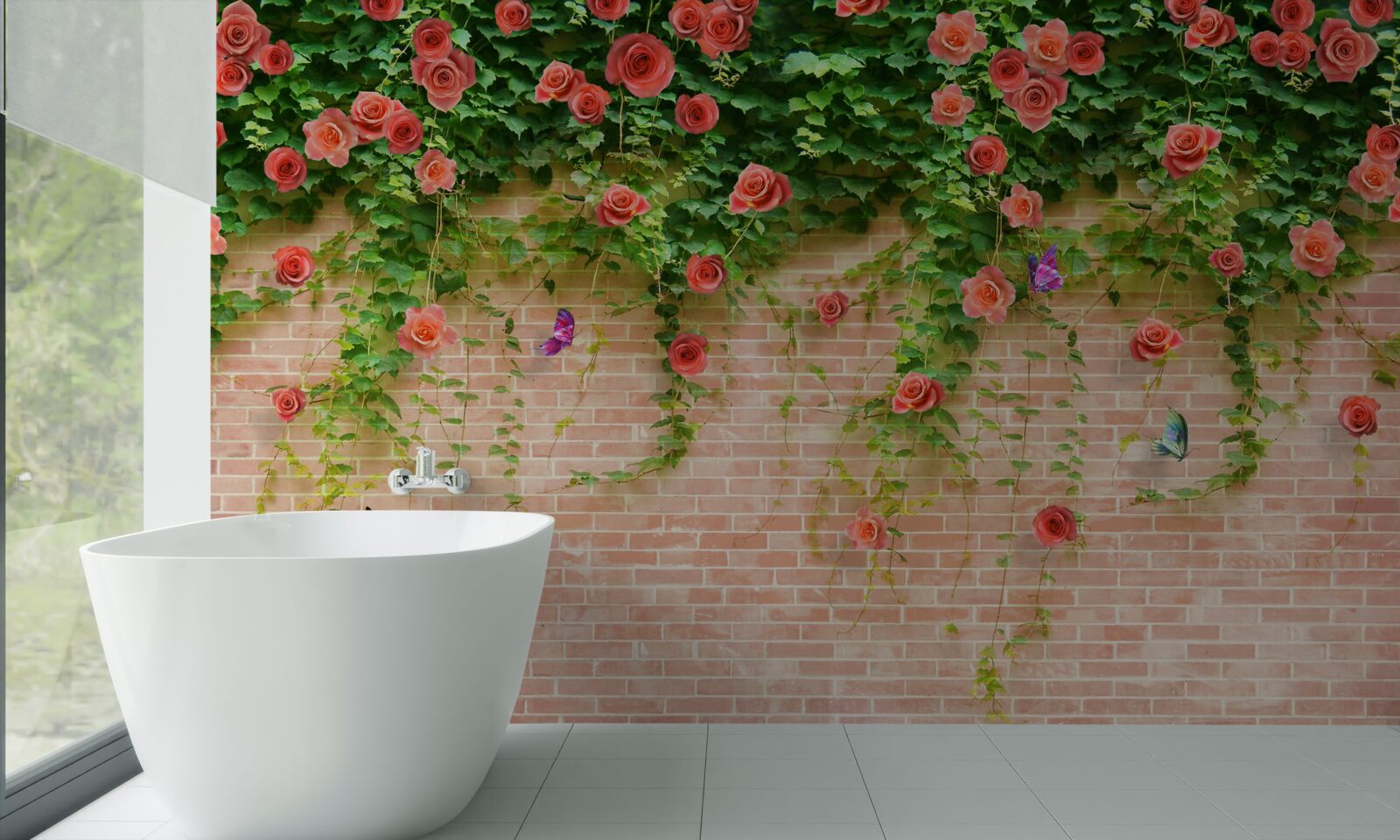 Papier peint fleurs pourpres sur un mur de briques