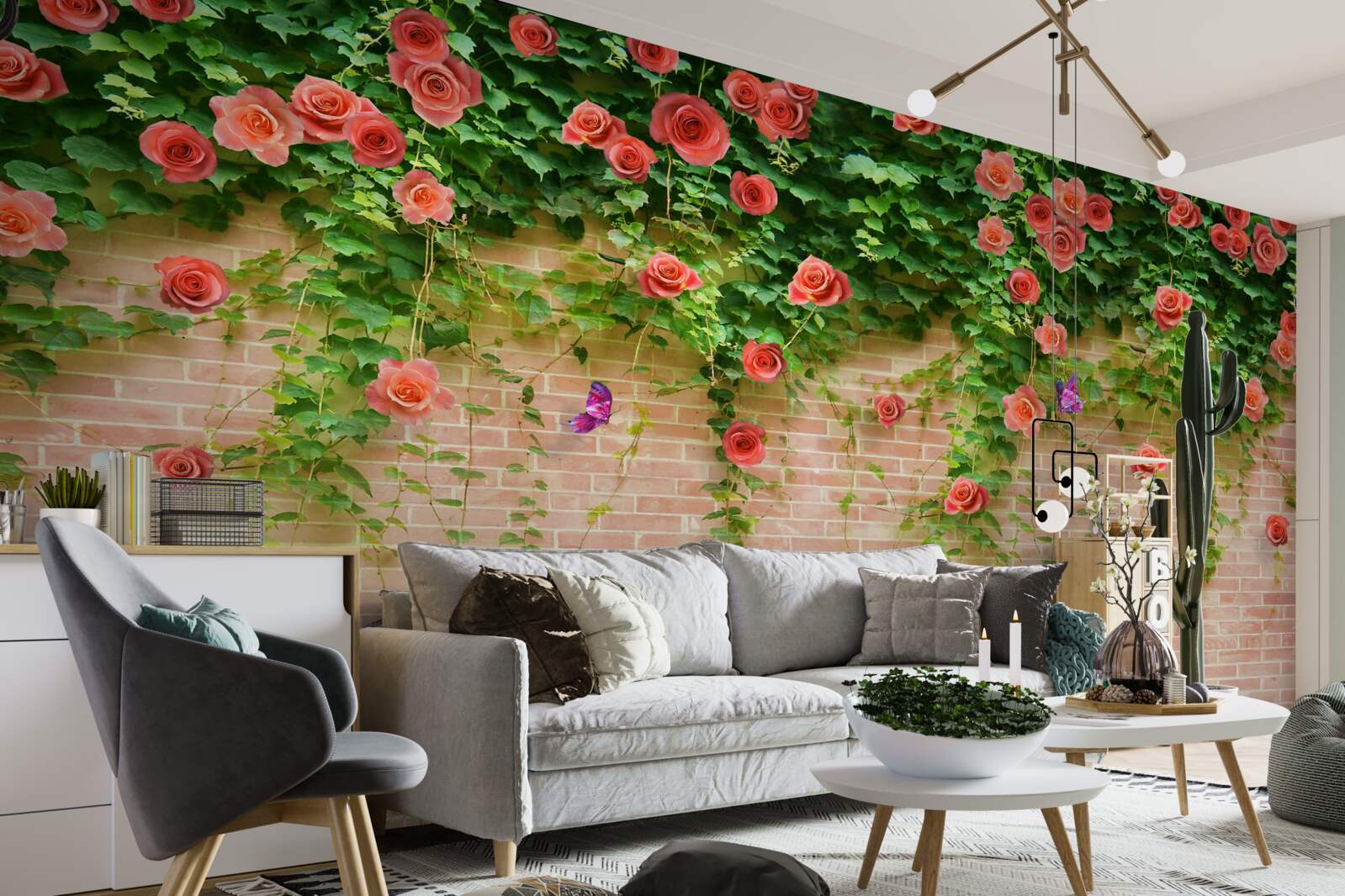 Papier peint fleurs pourpres sur un mur de briques