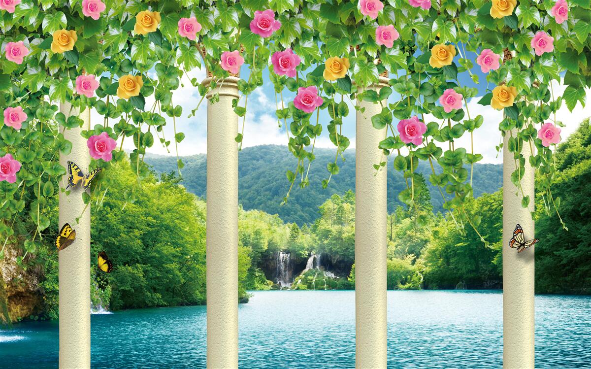 Papier peint belle vue de la cascade à travers les couleurs des fleurs