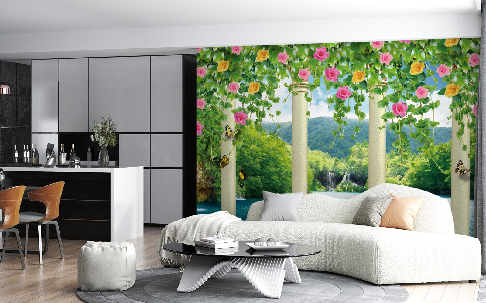 Papier peint belle vue de la cascade à travers les couleurs des fleurs