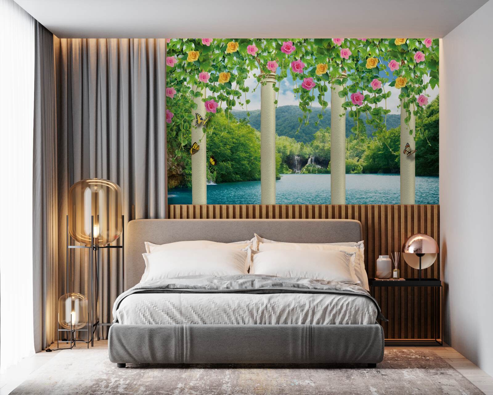 Papier peint belle vue de la cascade à travers les couleurs des fleurs