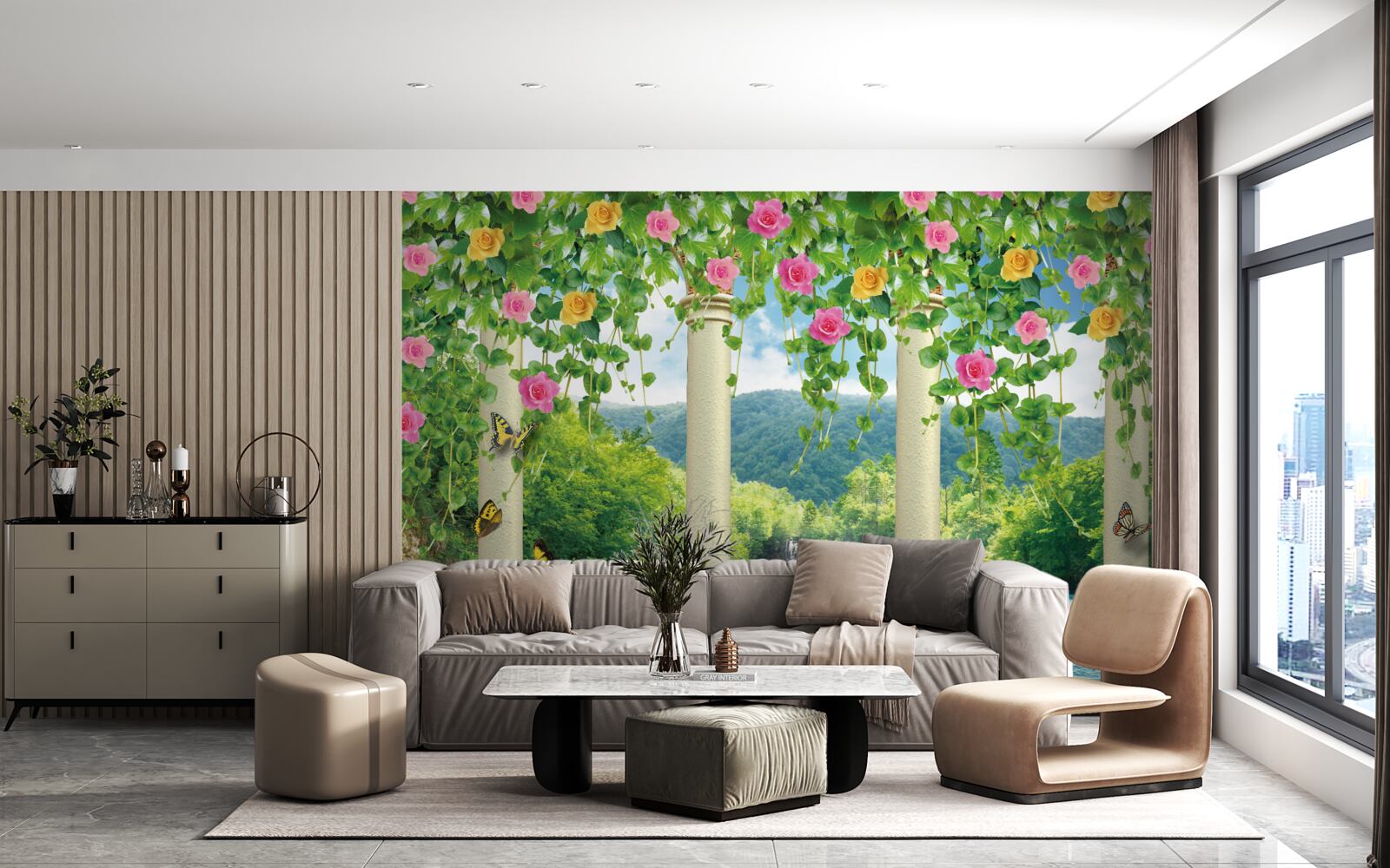 Papier peint belle vue de la cascade à travers les couleurs des fleurs