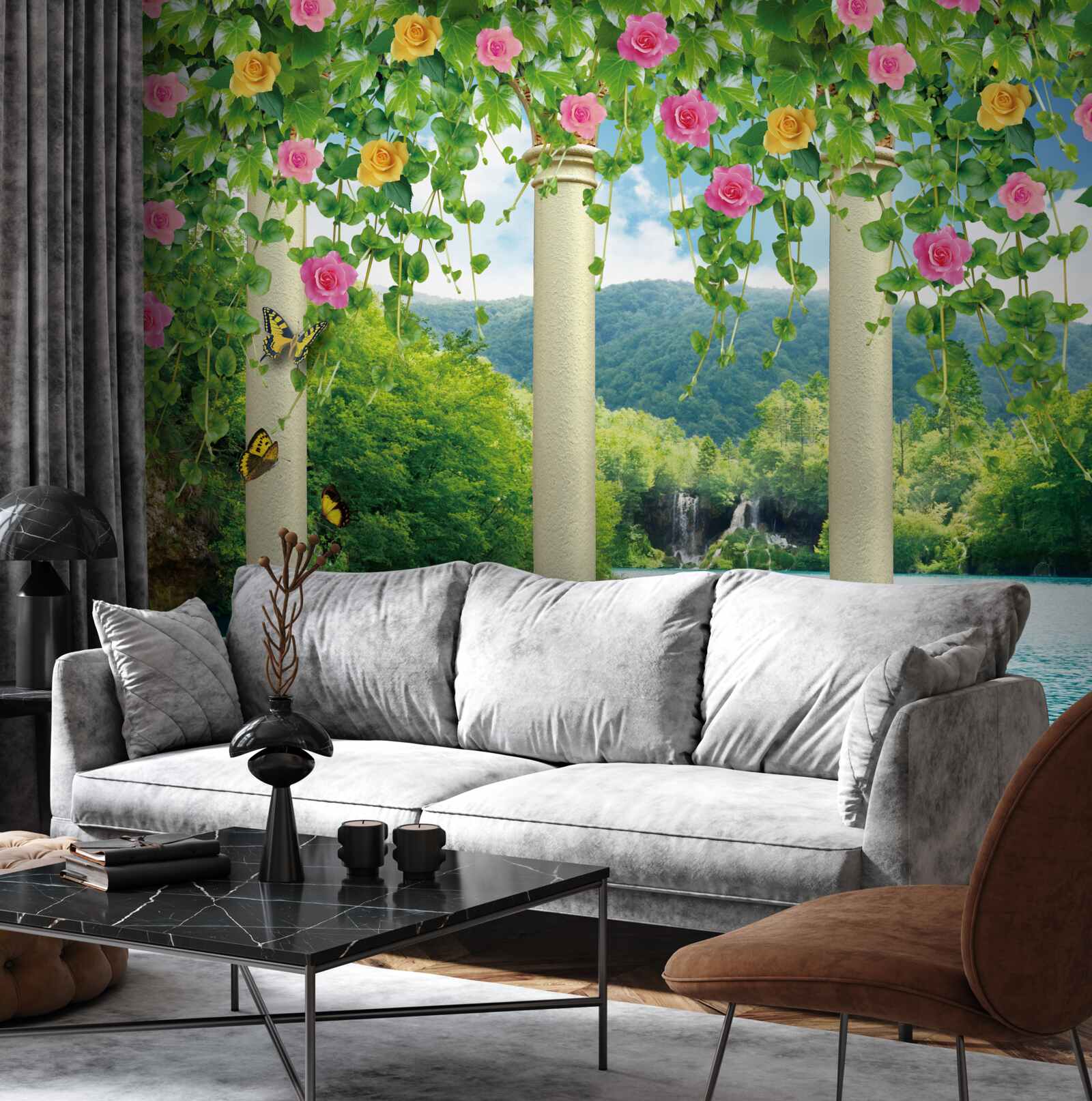 Papier peint belle vue de la cascade à travers les couleurs des fleurs