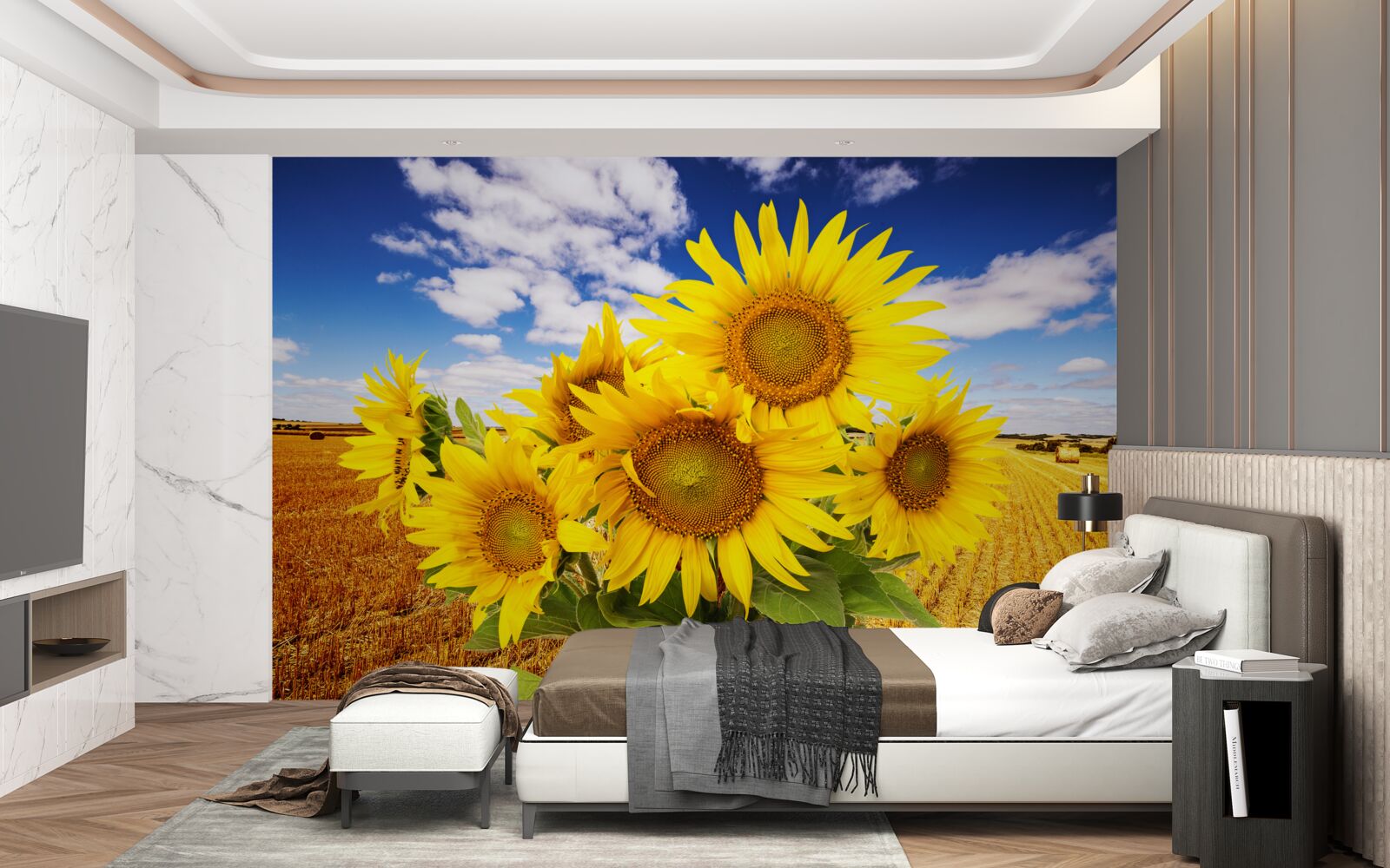 Papier peint un bouquet de tournesols se détache sur le ciel et un champ de blé