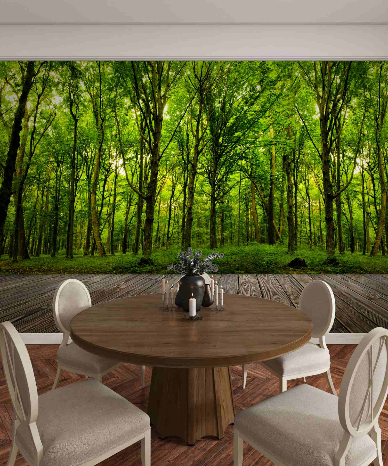 Papier peint forêt verte, élancée et riche, illuminée par les rayons du soleil