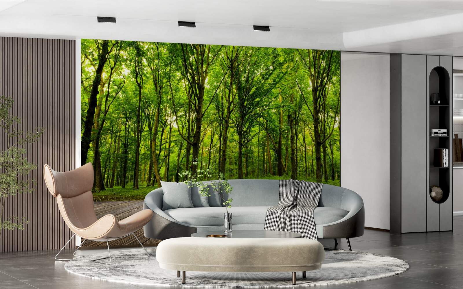 Papier peint forêt verte, élancée et riche, illuminée par les rayons du soleil