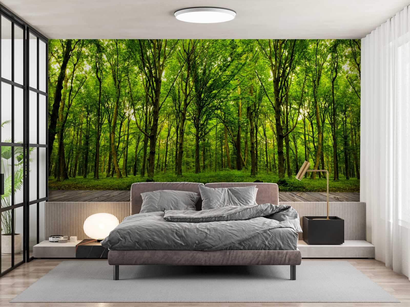 Papier peint forêt verte, élancée et riche, illuminée par les rayons du soleil