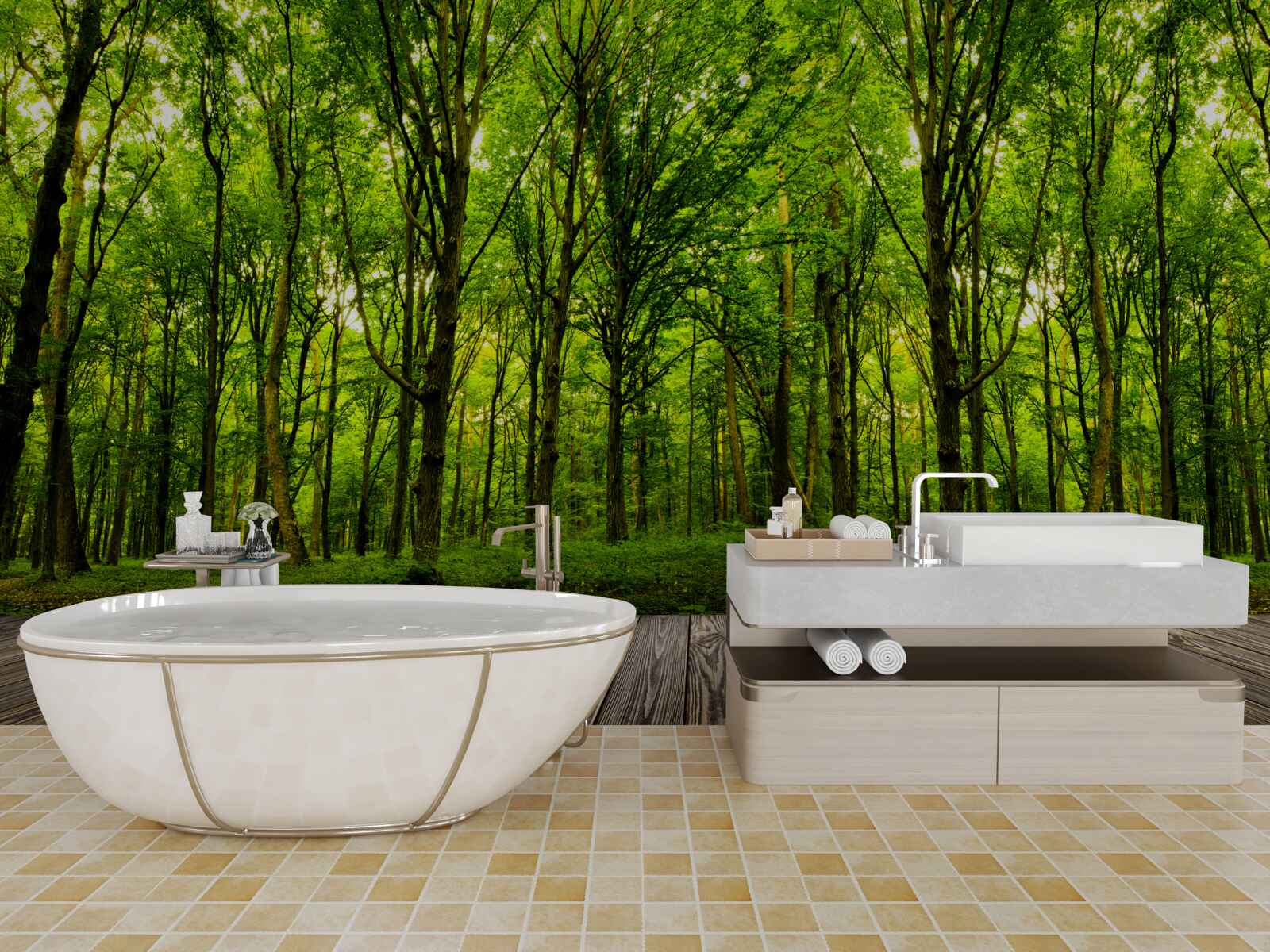 Papier peint forêt verte, élancée et riche, illuminée par les rayons du soleil