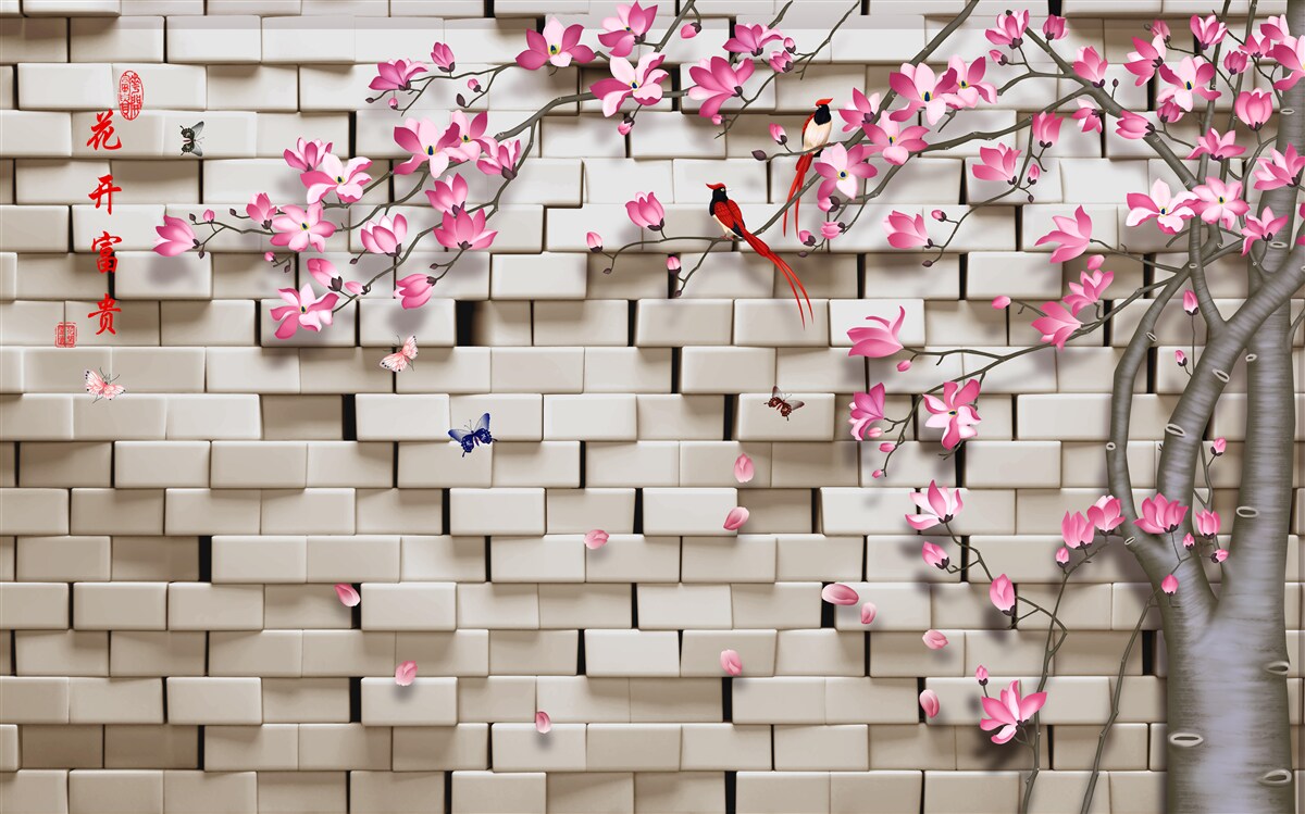 Papier peint mur de pierres et fleurs roses
