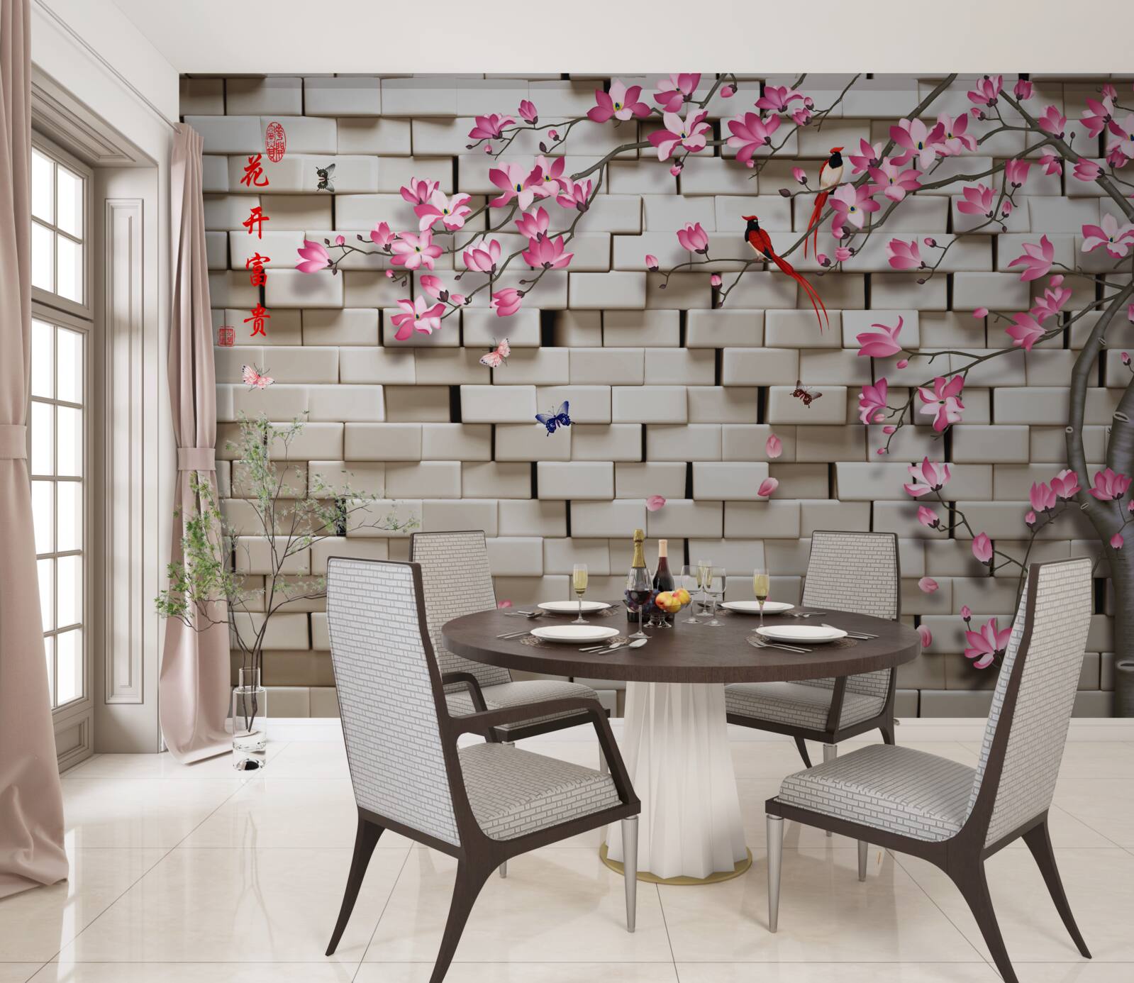 Papier peint mur de pierres et fleurs roses