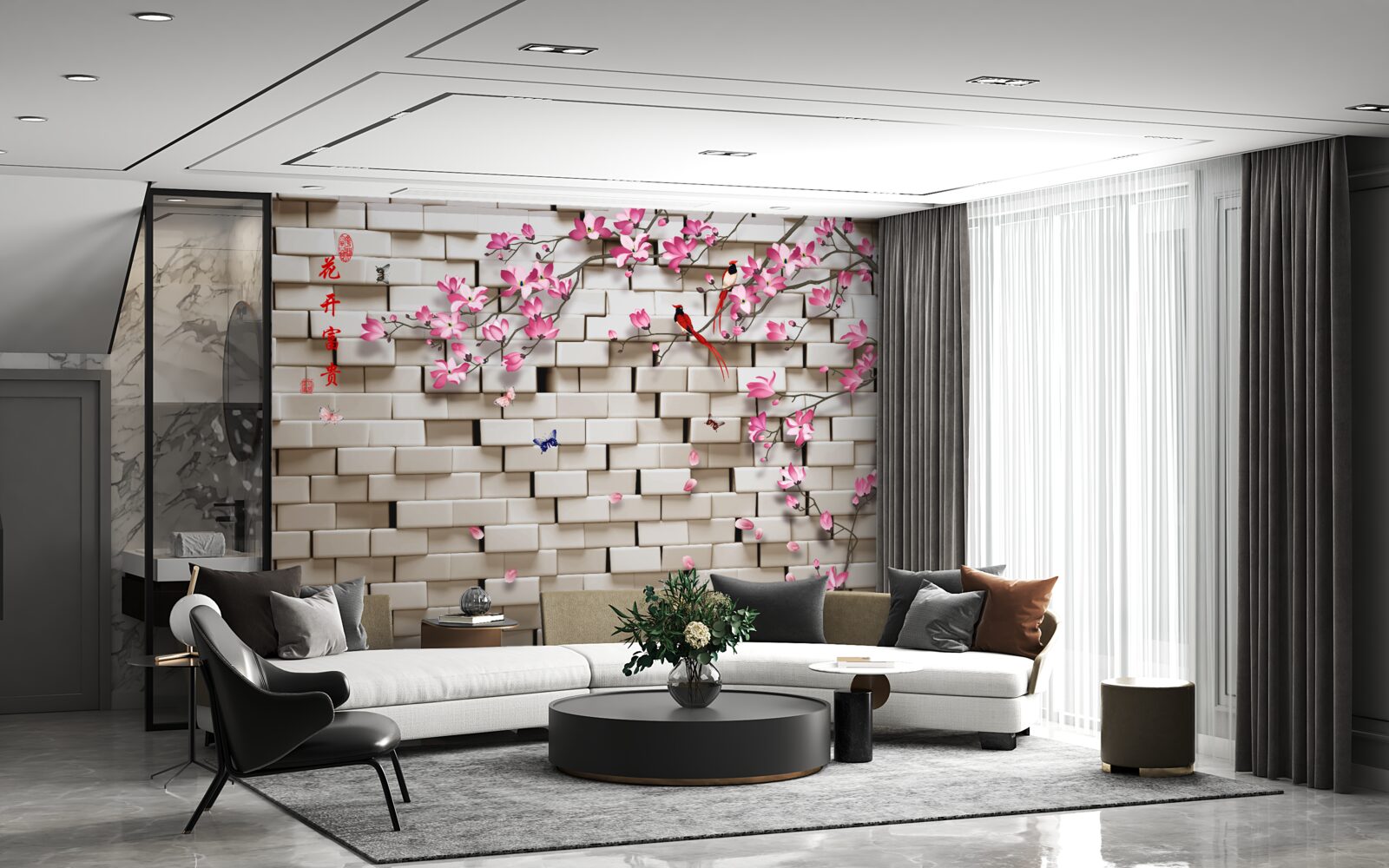 Papier peint mur de pierres et fleurs roses