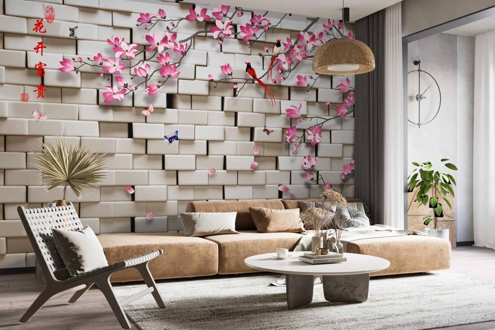 Papier peint mur de pierres et fleurs roses