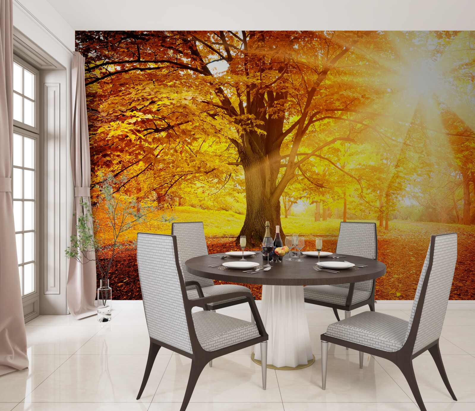 Papier peint la lumière vive du soleil pénètre la brume automnale de la forêt