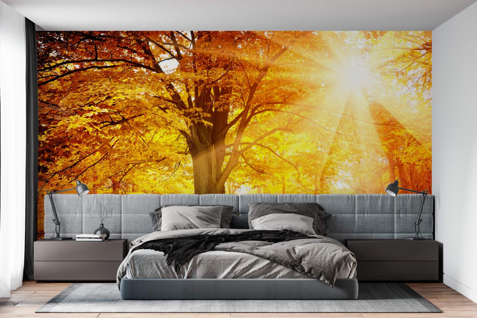 Papier peint la lumière vive du soleil pénètre la brume automnale de la forêt