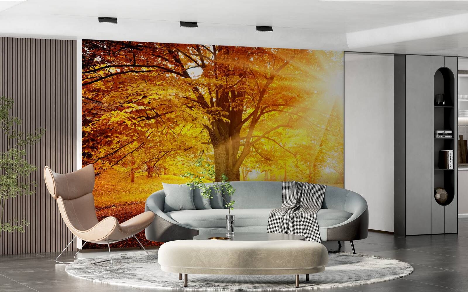 Papier peint la lumière vive du soleil pénètre la brume automnale de la forêt