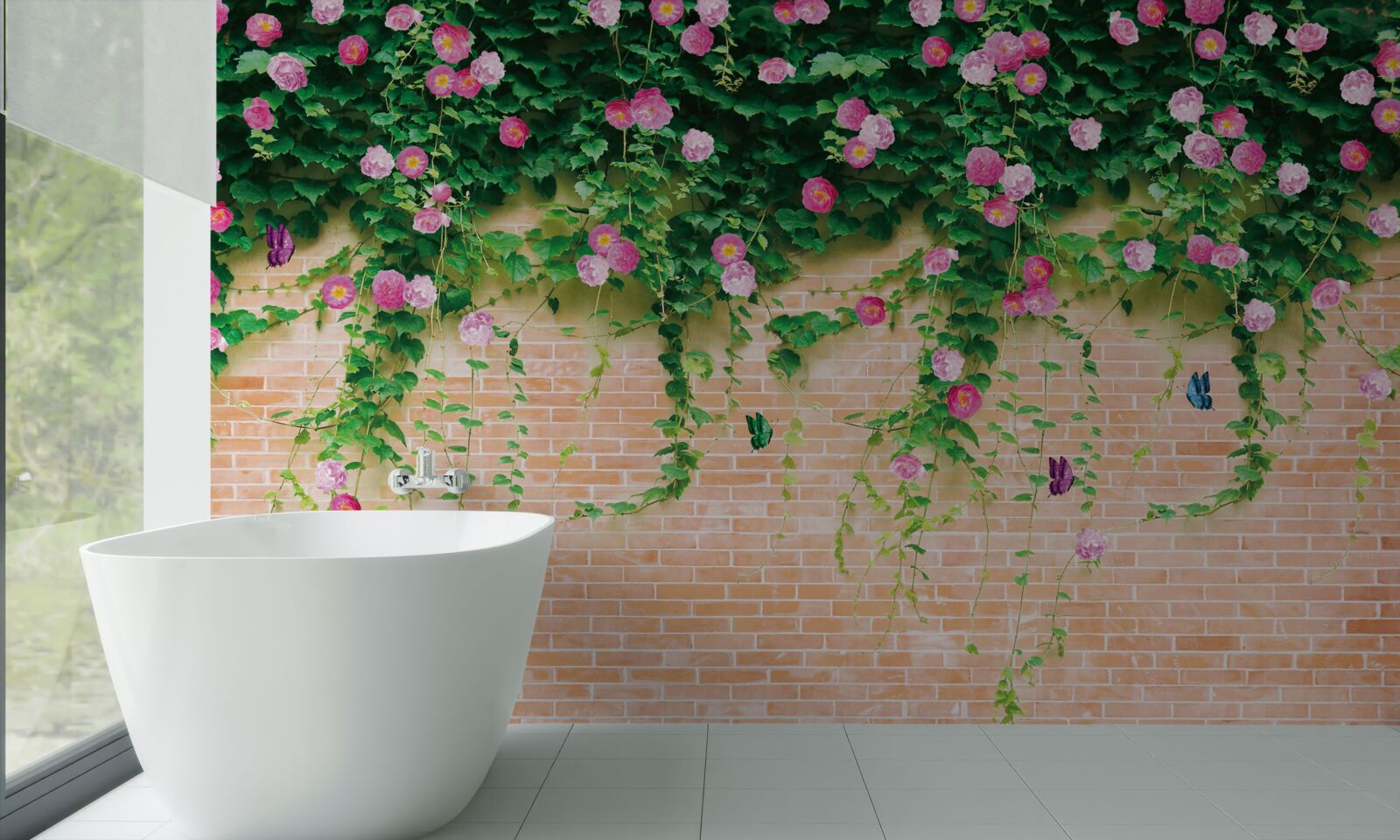 Papier peint roses roses sur un mur de briques