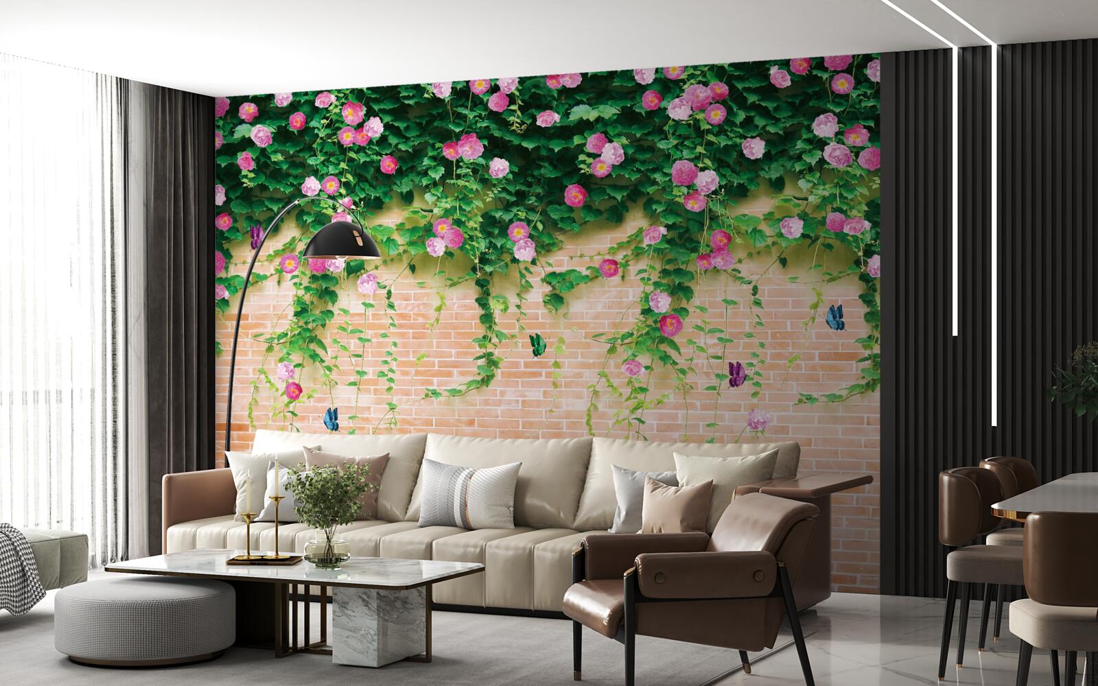 Papier peint roses roses sur un mur de briques