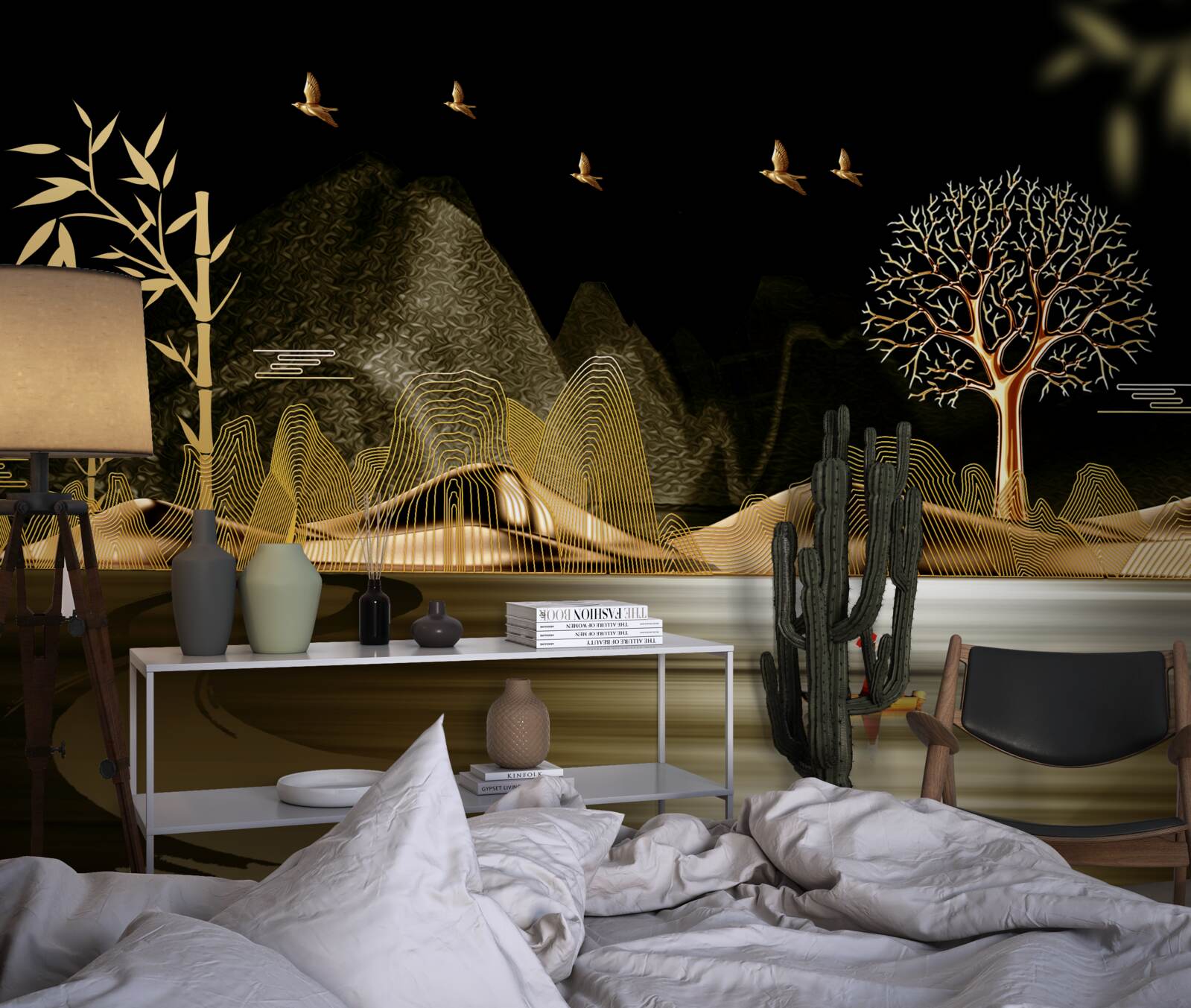 Papier peint un pêcheur se tient au bord de l'eau près de la forêt dorée