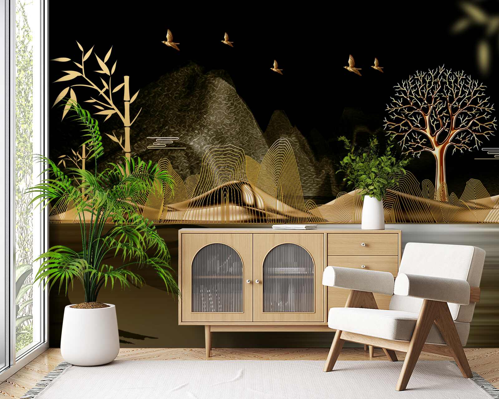 Papier peint un pêcheur se tient au bord de l'eau près de la forêt dorée