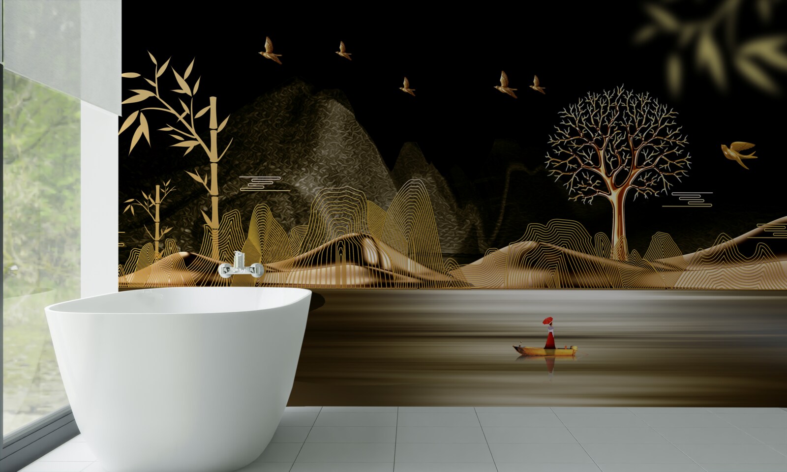 Papier peint un pêcheur se tient au bord de l'eau près de la forêt dorée