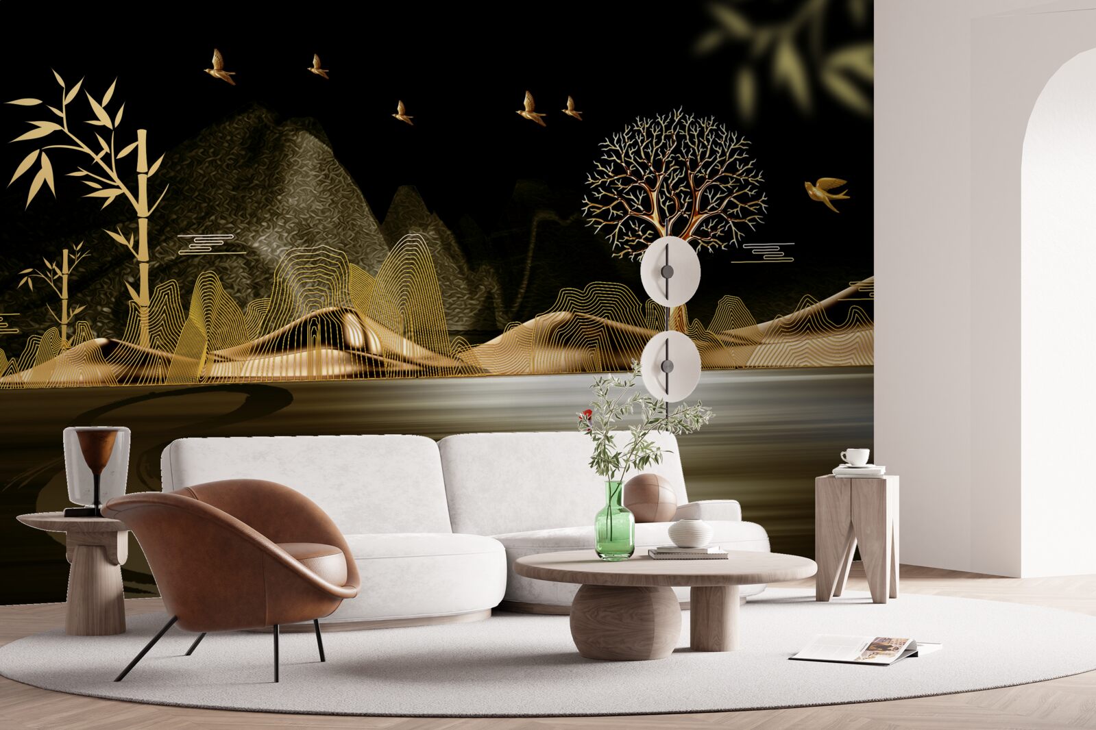 Papier peint un pêcheur se tient au bord de l'eau près de la forêt dorée