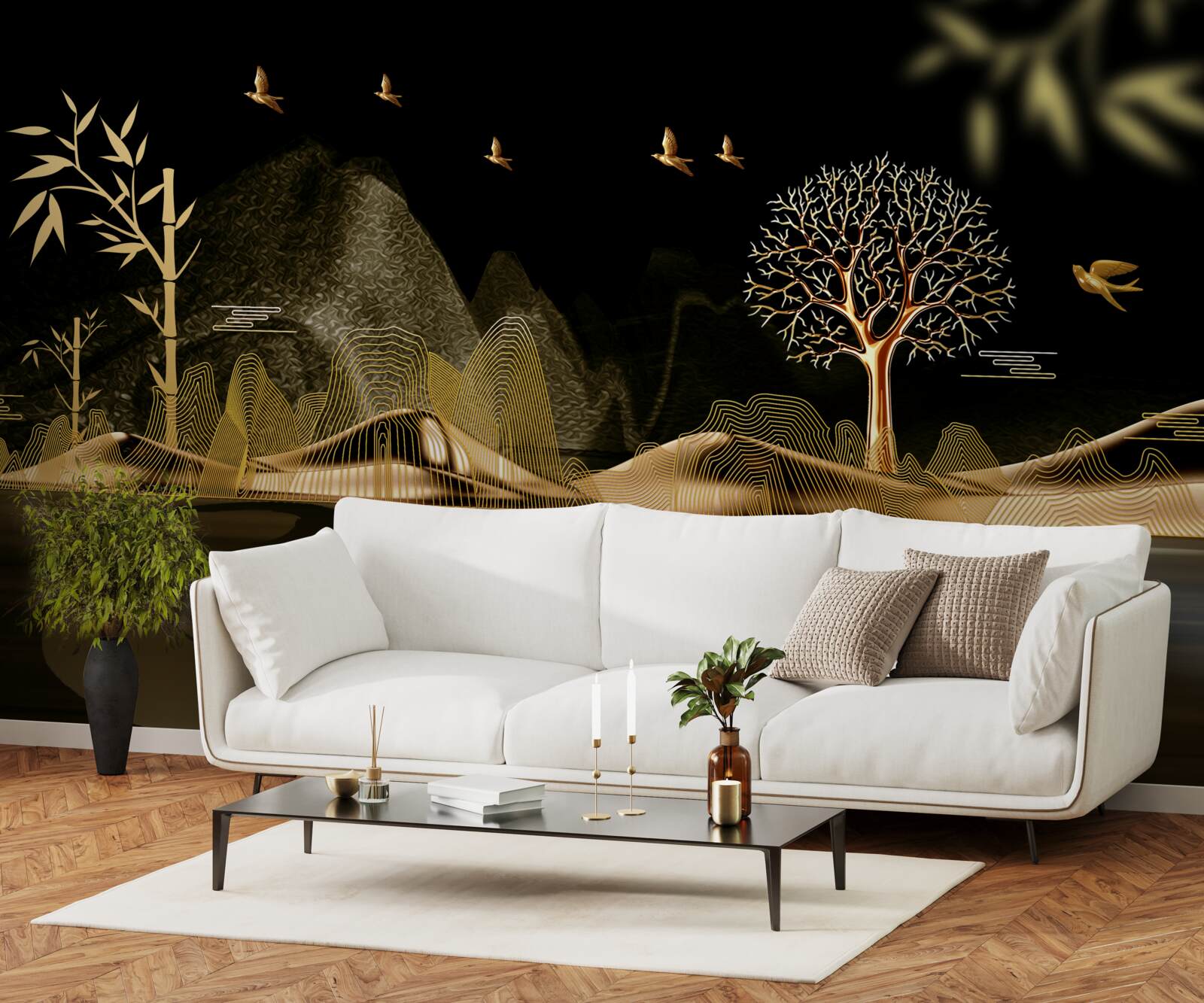 Papier peint un pêcheur se tient au bord de l'eau près de la forêt dorée