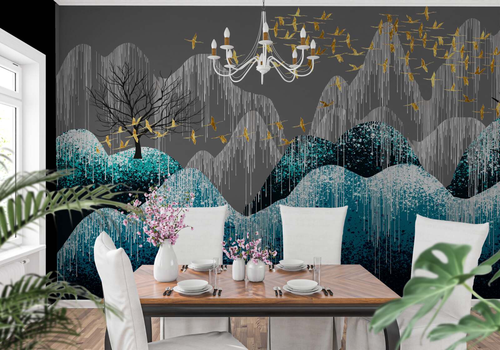 Papier peint forêt de nuit et vol d'oiseaux en brocart d'or