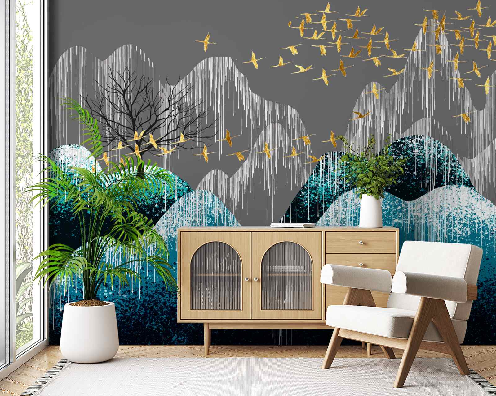 Papier peint forêt de nuit et vol d'oiseaux en brocart d'or