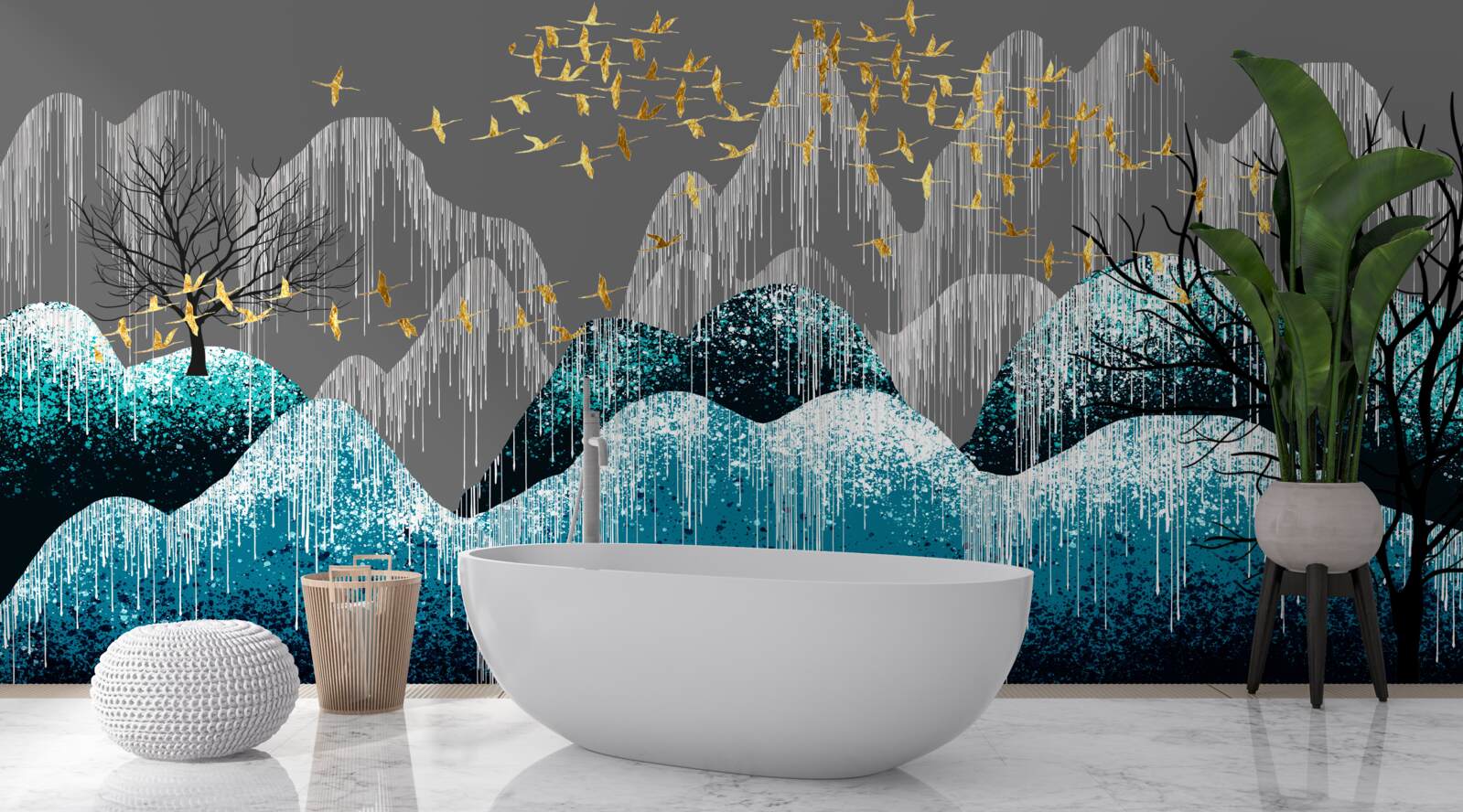 Papier peint forêt de nuit et vol d'oiseaux en brocart d'or