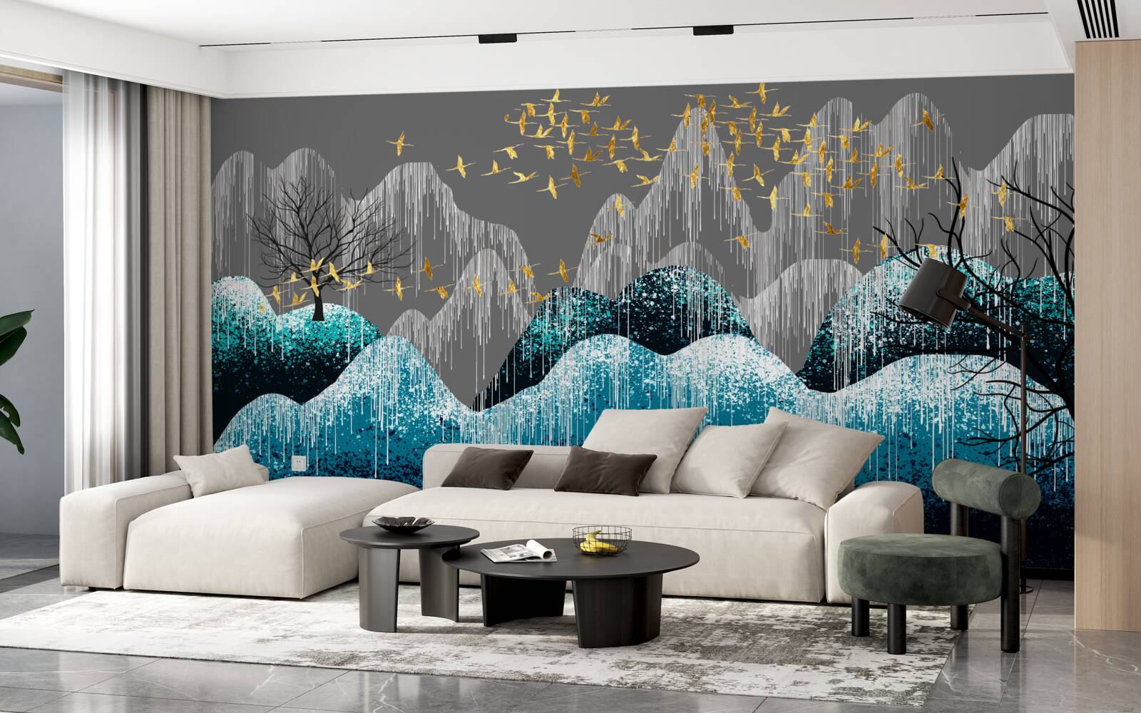 Papier peint forêt de nuit et vol d'oiseaux en brocart d'or