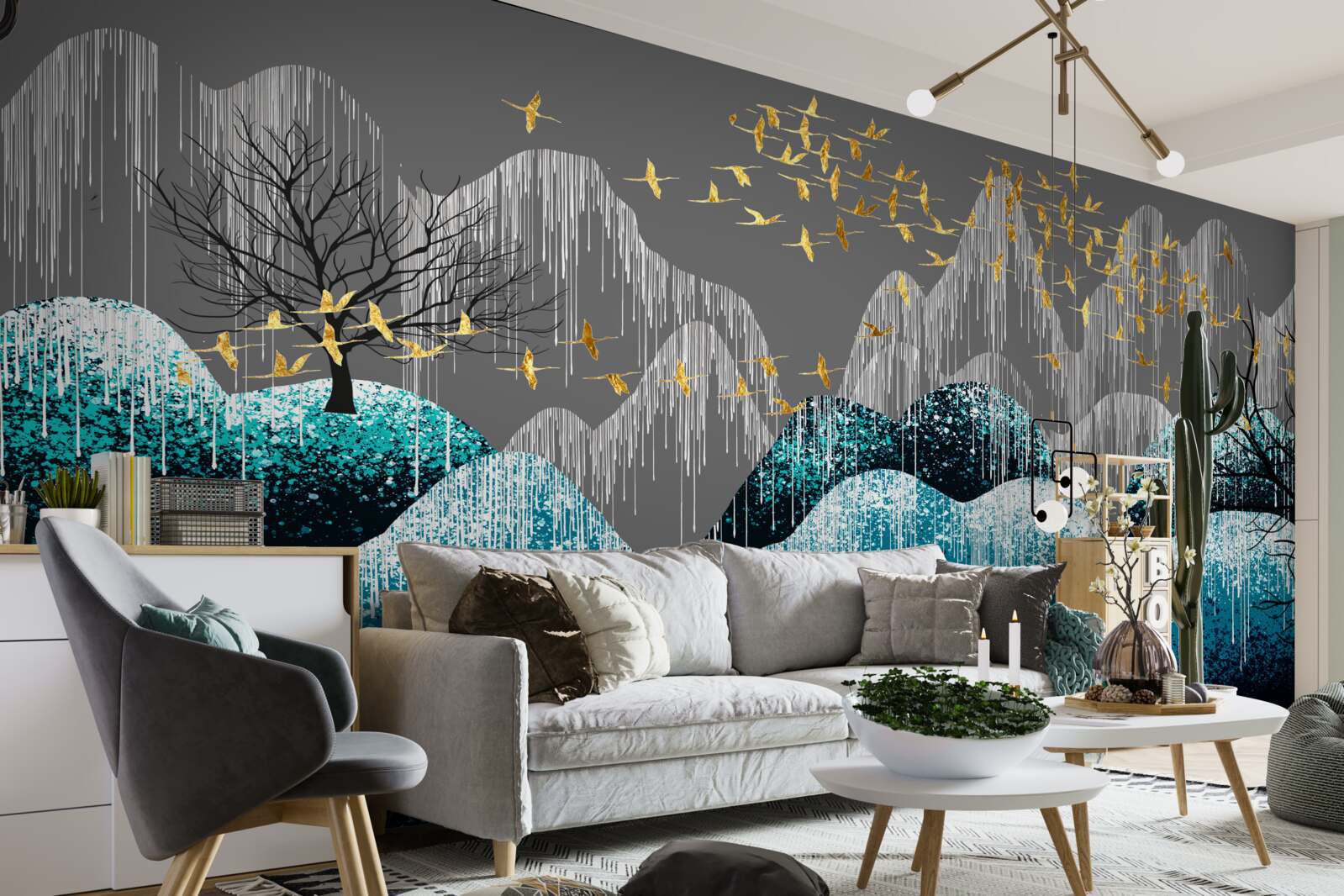 Papier peint forêt de nuit et vol d'oiseaux en brocart d'or