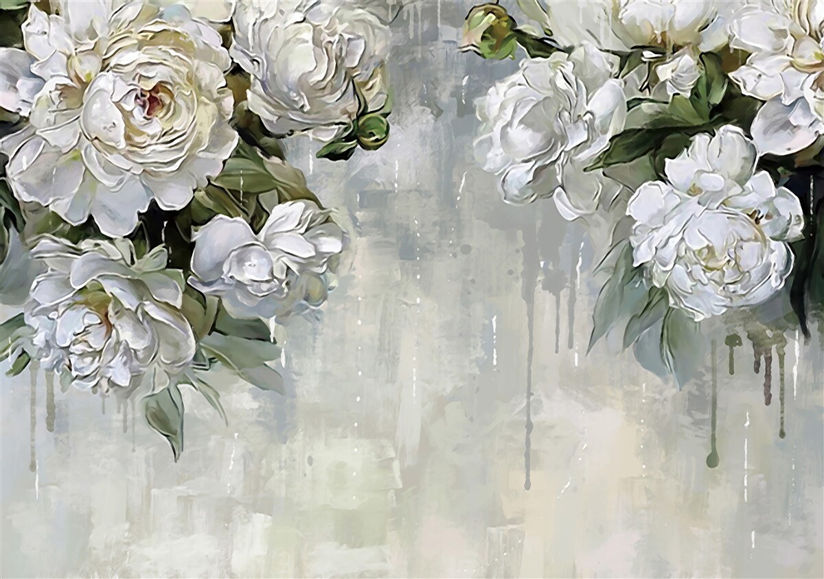 Papier peint il y a de grandes fleurs blanches sur le mur en béton