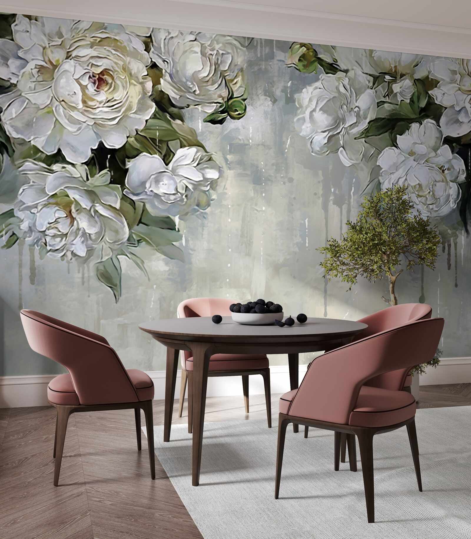 Papier peint il y a de grandes fleurs blanches sur le mur en béton